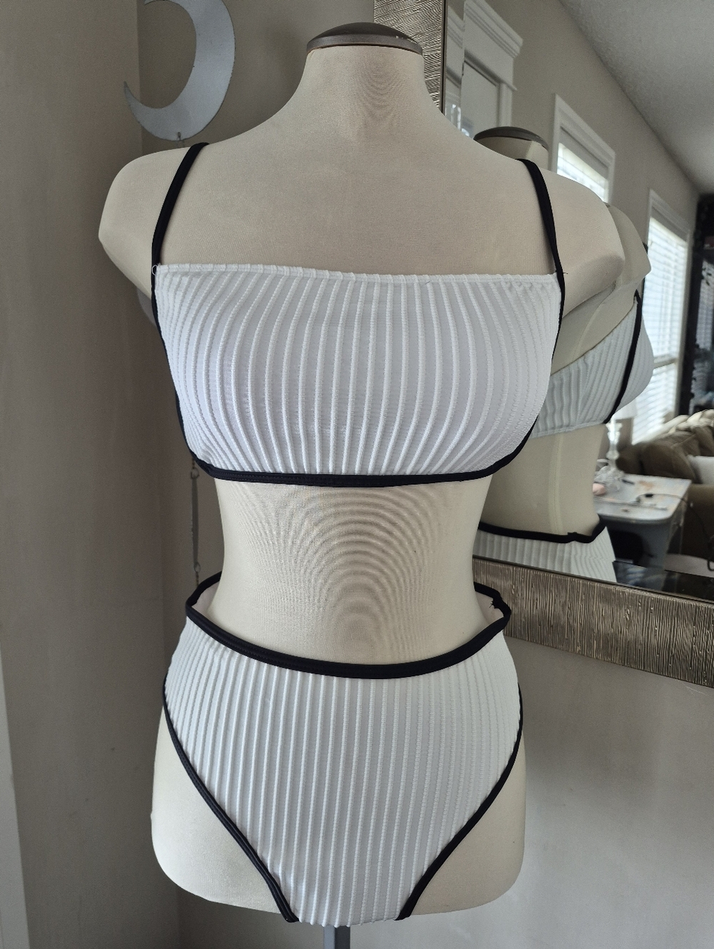White Ribbed Bikini with Black Trim